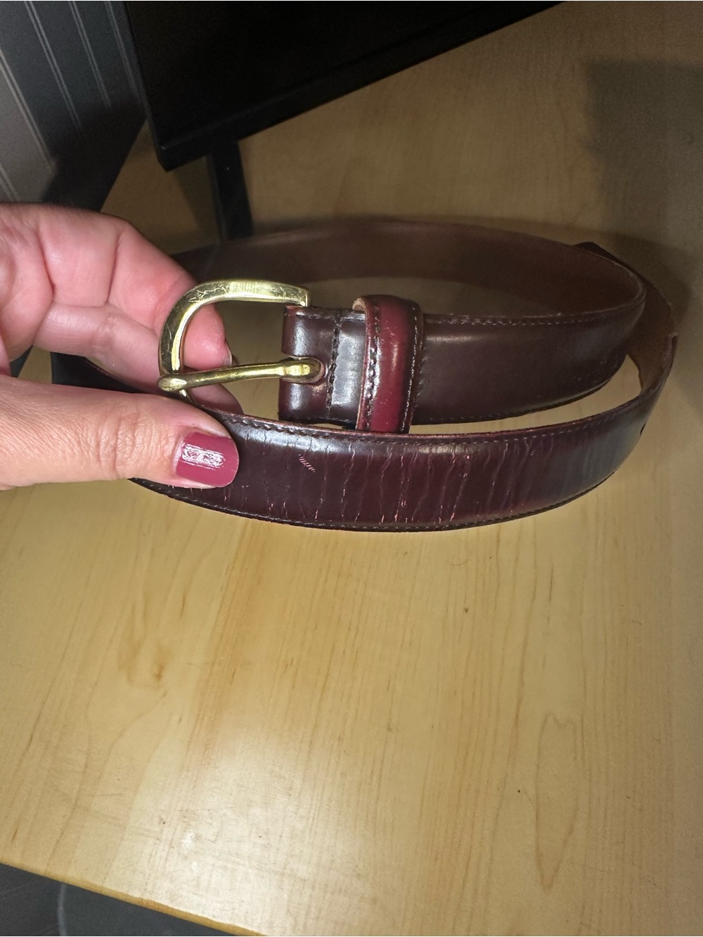 Vintage 80s Coach Men's Leather Belt in Burgundy with Gold Buckle